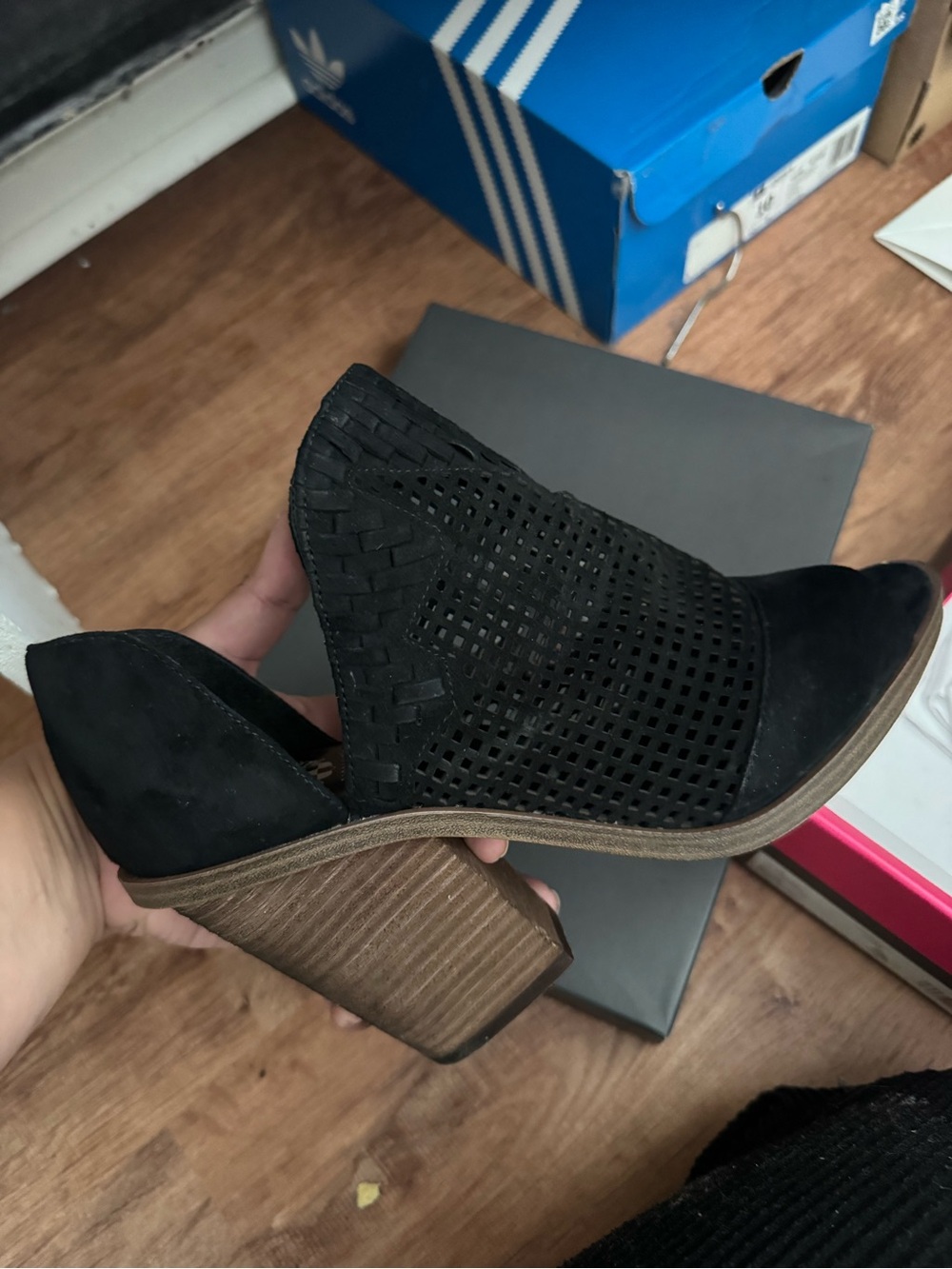 Vince Camuto Black Perforated Suede Block Heel Bootie